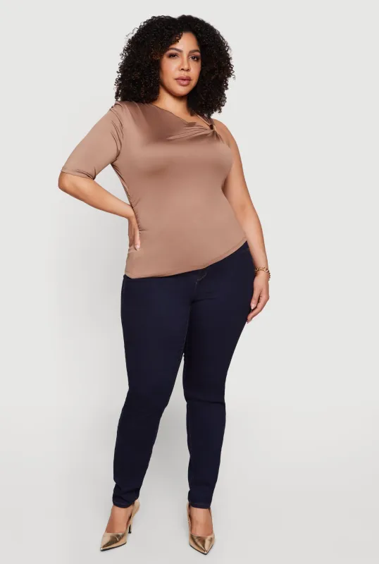 Plus Size Ruched Quarter Sleeve One Shoulder Top made by Rainbow