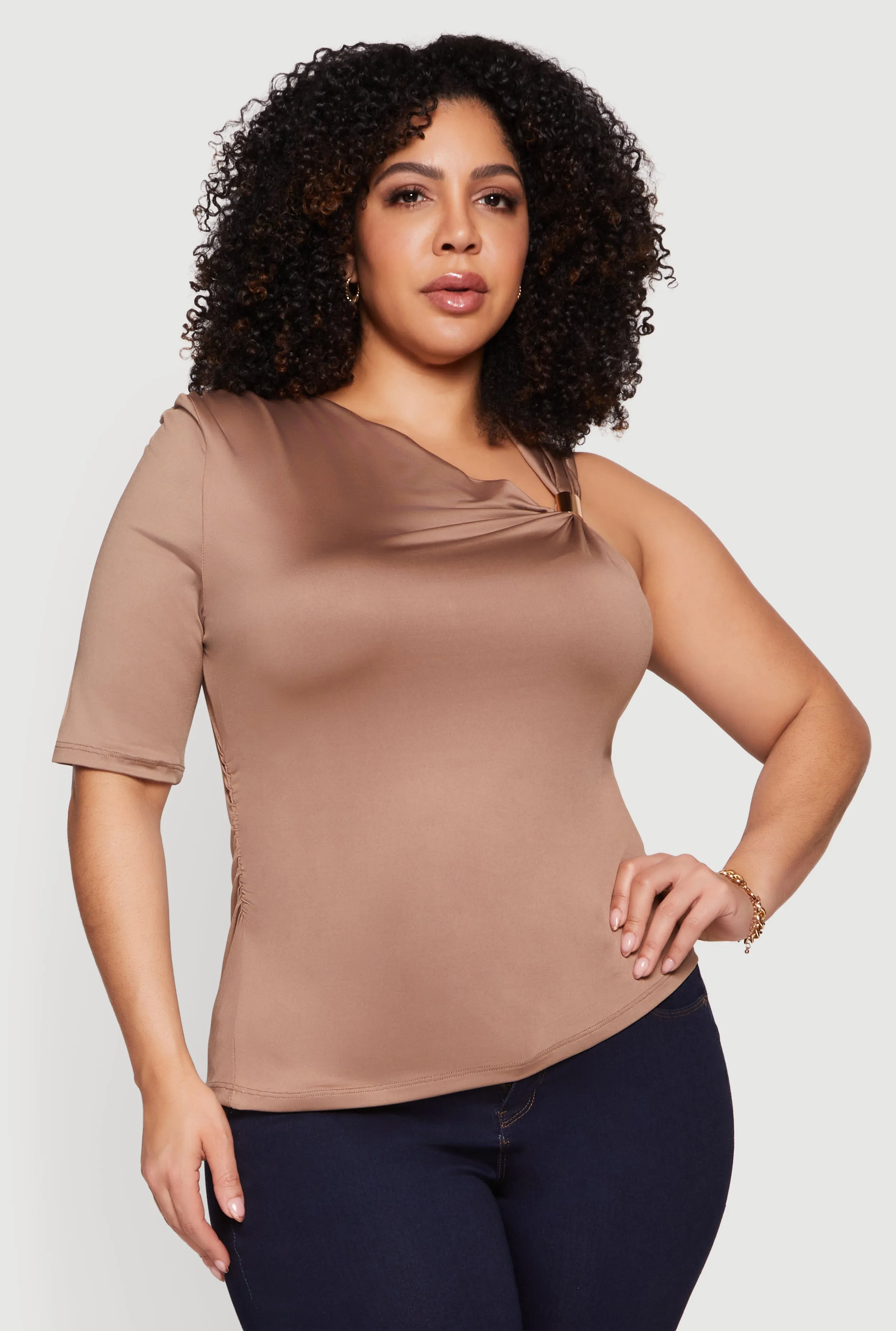 Plus Size Ruched Quarter Sleeve One Shoulder Top sold by Rainbow product image thumbnail 2