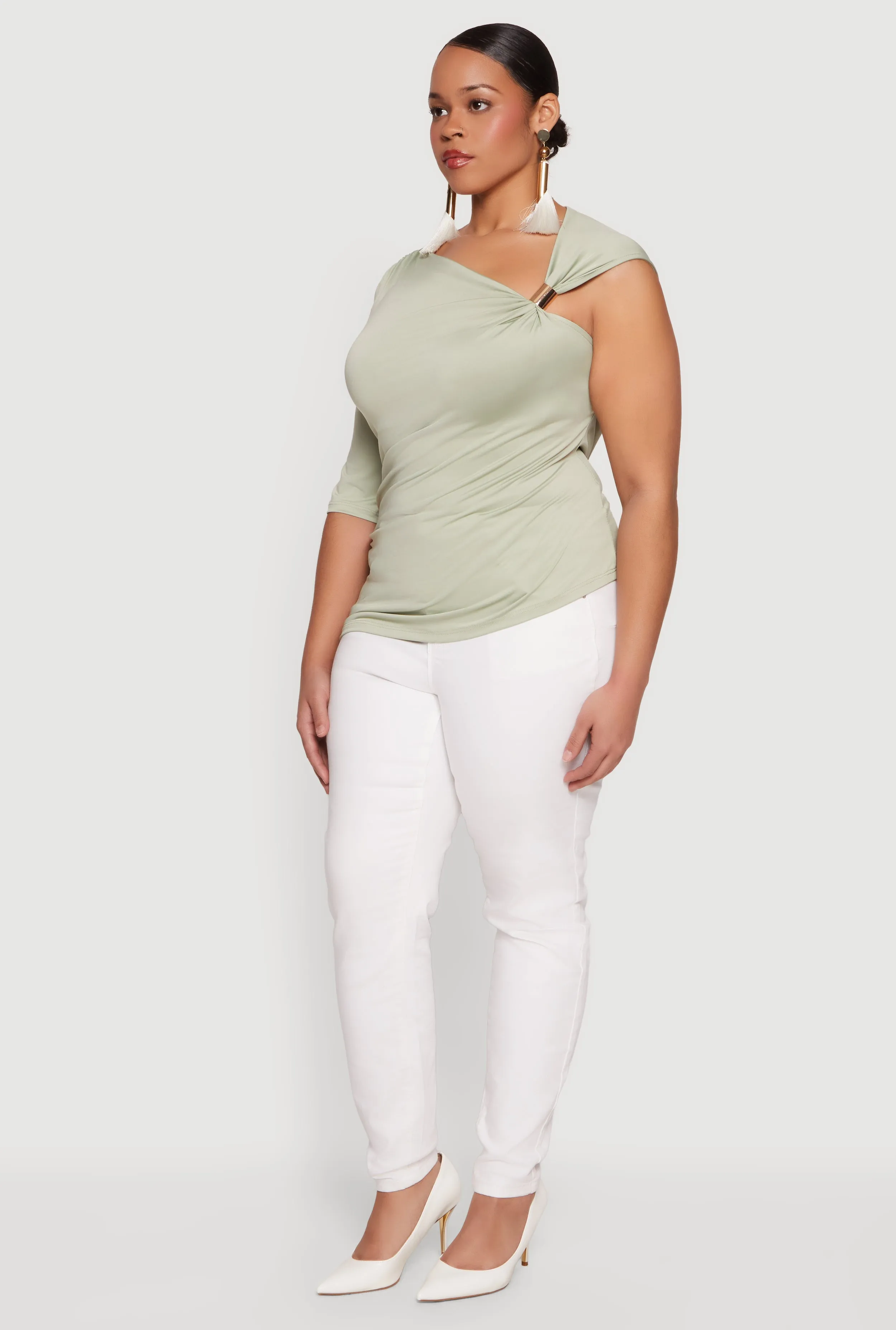 Plus Size Ruched Quarter Sleeve One Shoulder Top sold by Rainbow product image thumbnail 3