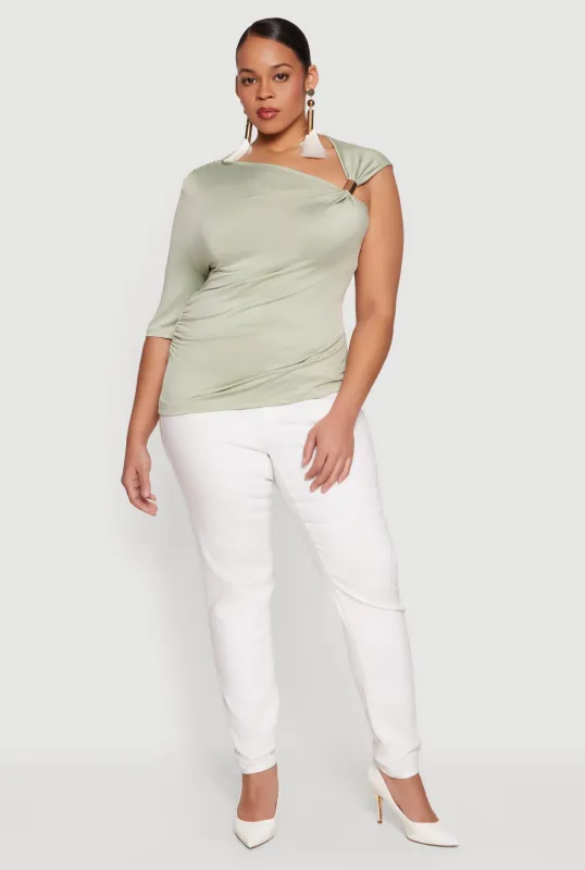 Plus Size Ruched Quarter Sleeve One Shoulder Top sold by Rainbow
