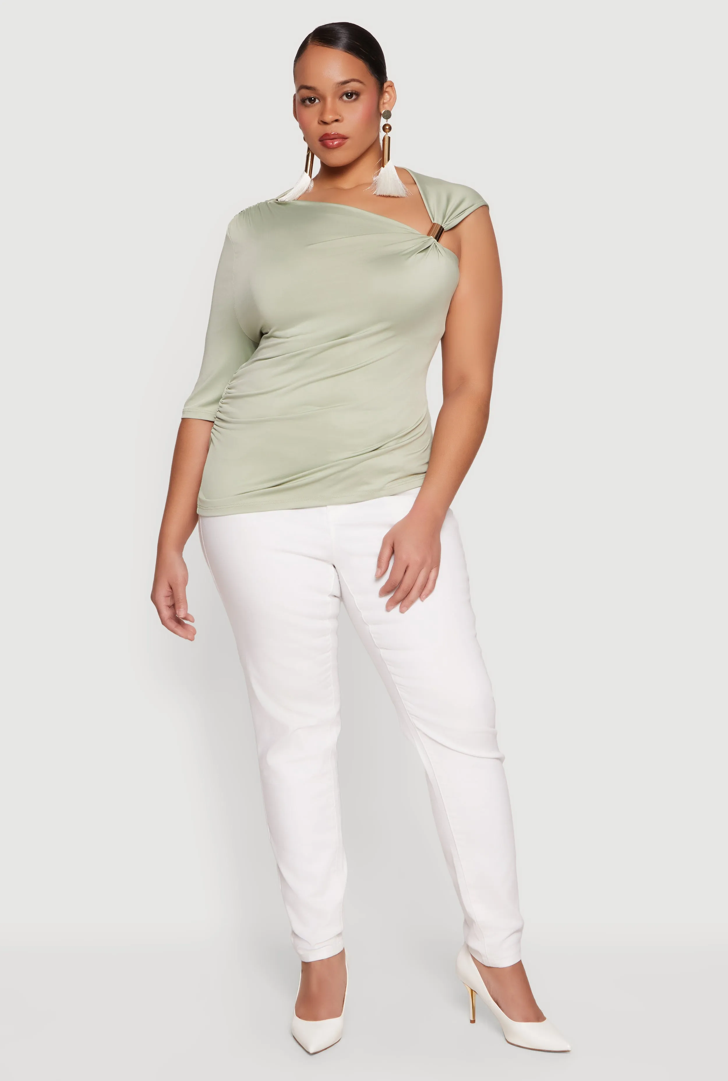 Plus Size Ruched Quarter Sleeve One Shoulder Top sold by Rainbow