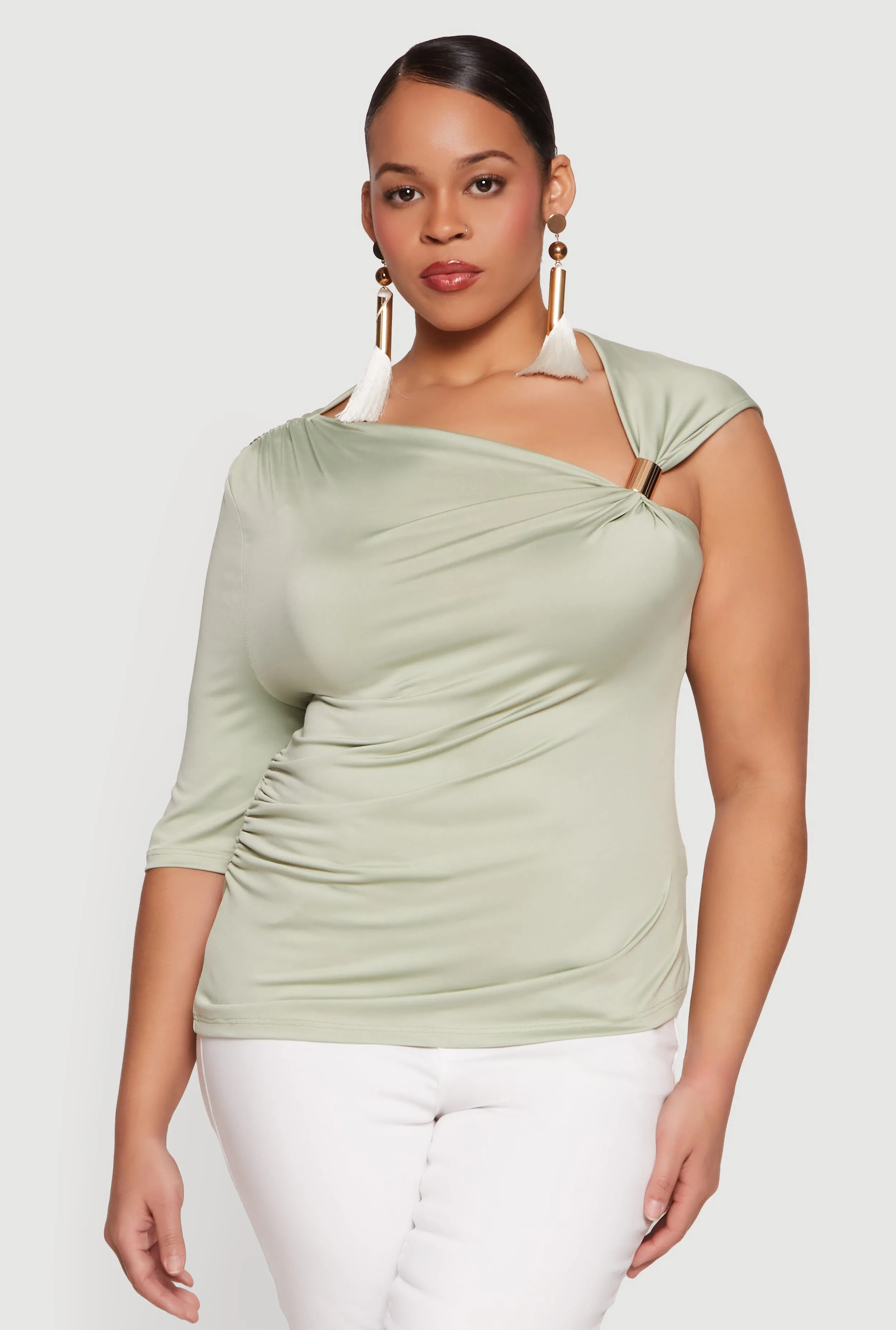 Plus Size Ruched Quarter Sleeve One Shoulder Top sold by Rainbow product image thumbnail 2