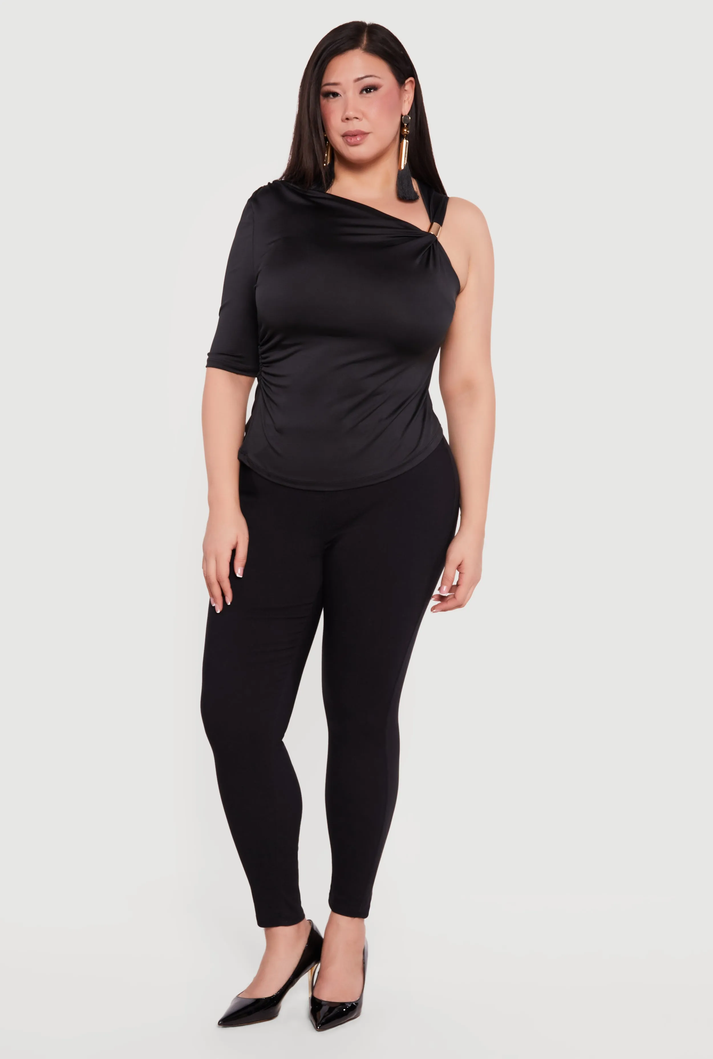 Plus Size Ruched Quarter Sleeve One Shoulder Top sold by Rainbow