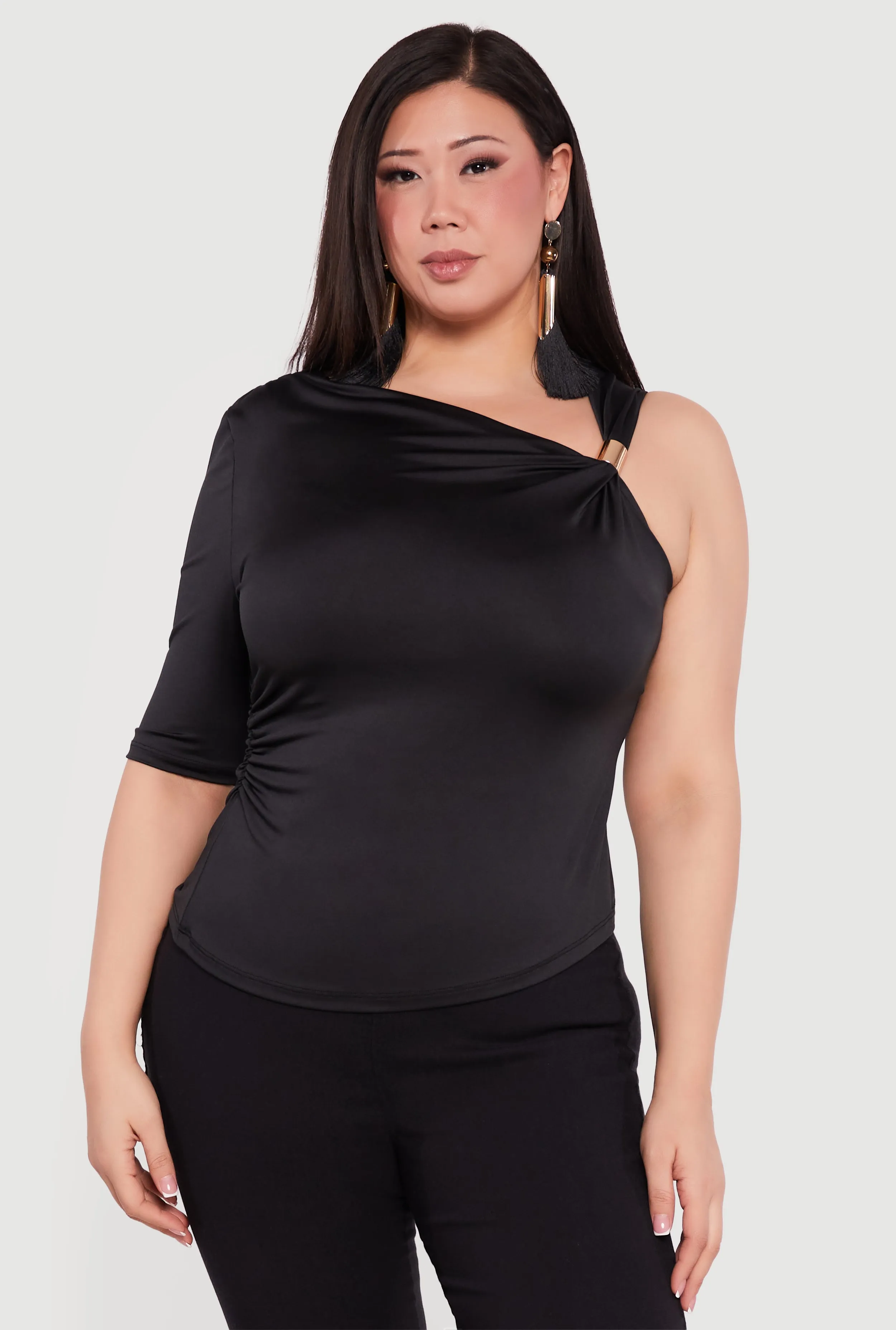 Plus Size Ruched Quarter Sleeve One Shoulder Top sold by Rainbow product image thumbnail 2
