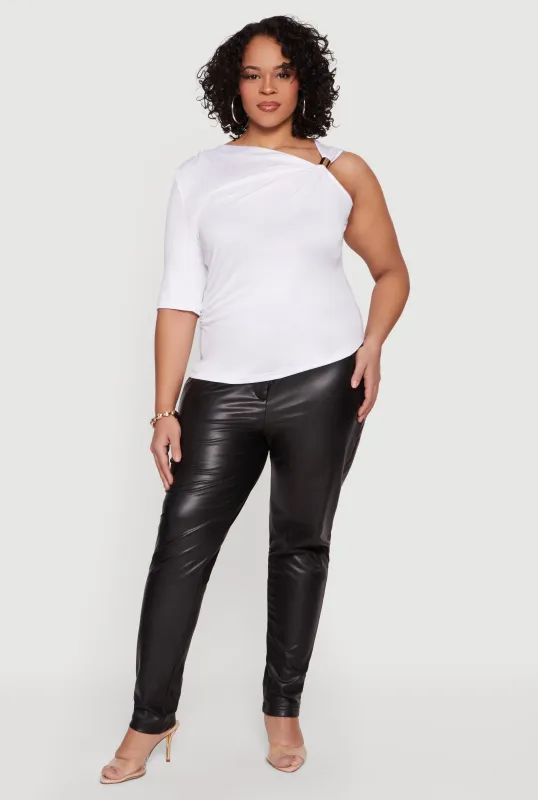 Plus Size Ruched Quarter Sleeve One Shoulder Top made by Rainbow
