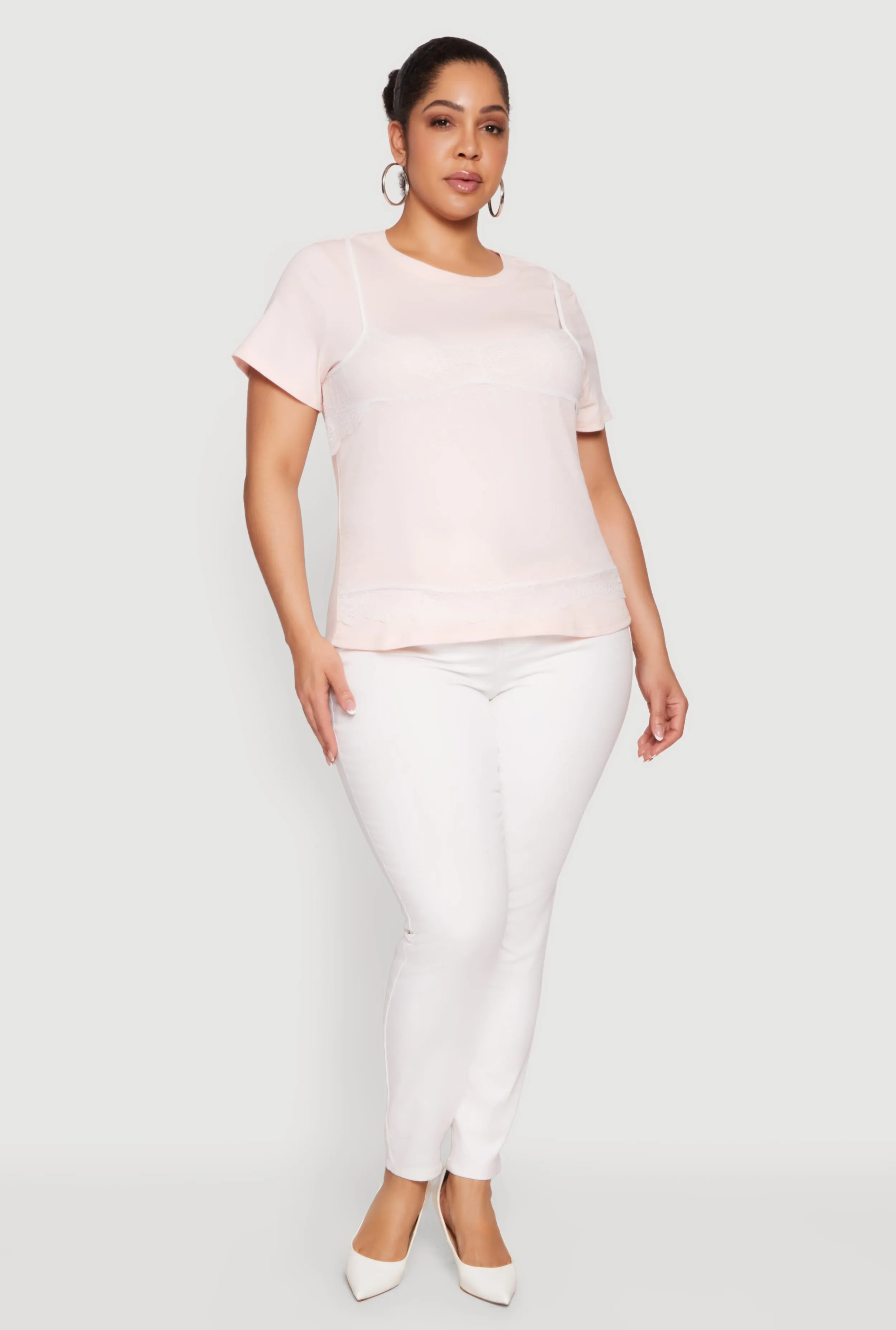 Plus Size Short Sleeve T-Shirt with Lace Cami Overlay sold by Rainbow