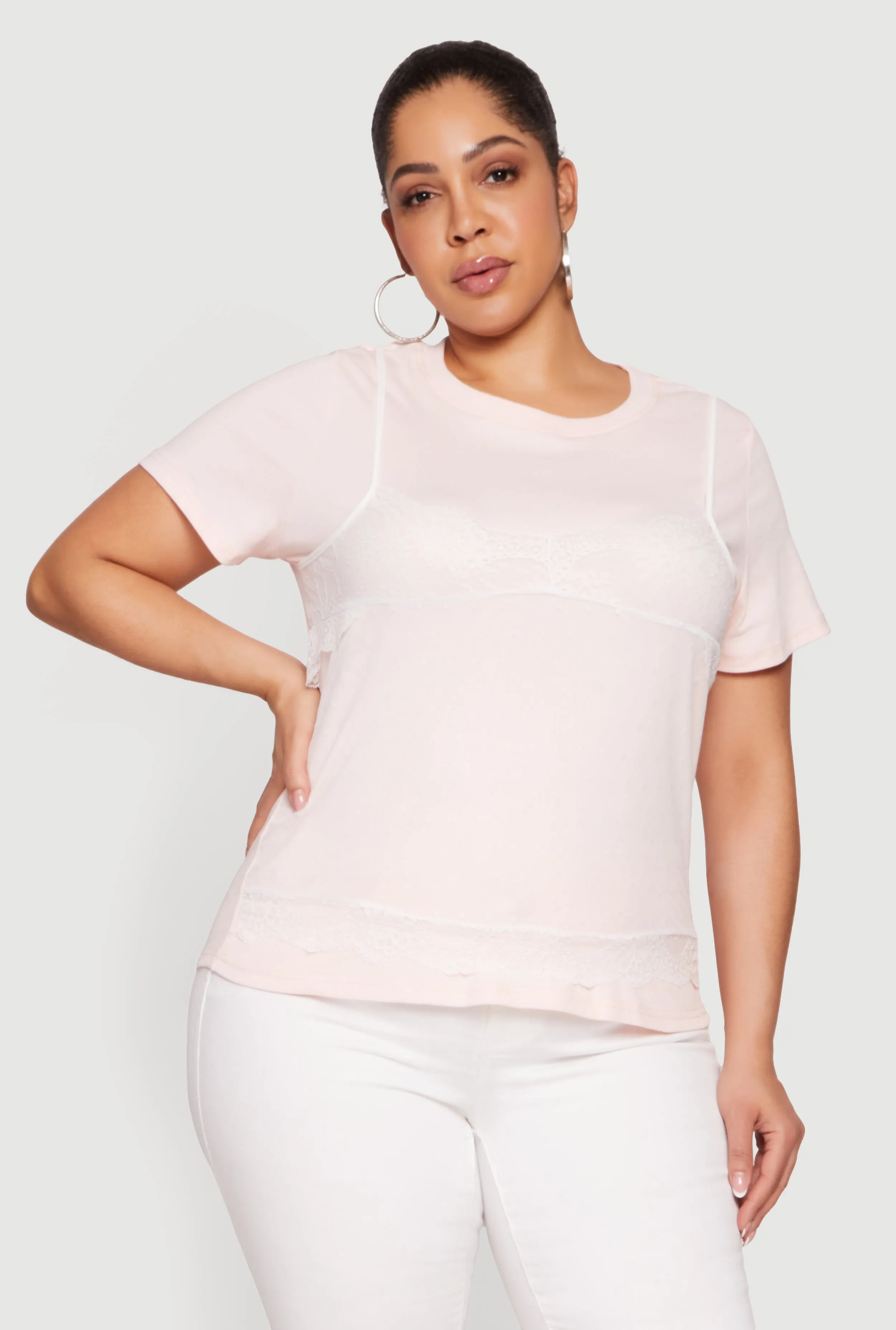 Plus Size Short Sleeve T-Shirt with Lace Cami Overlay sold by Rainbow product image thumbnail 2