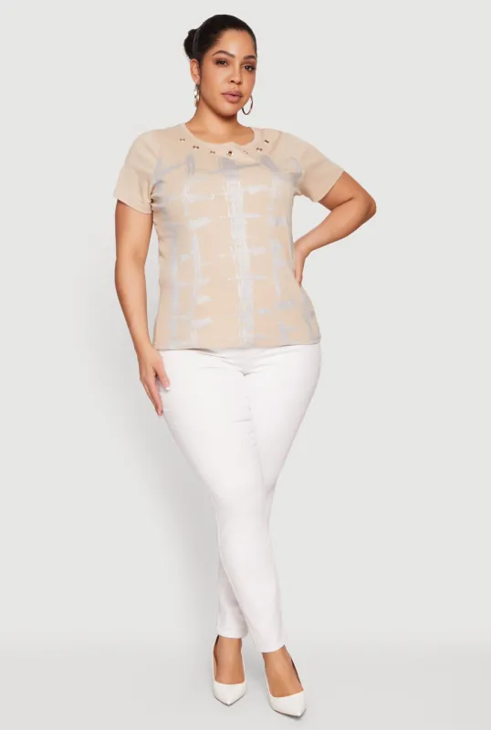 Plus Size Foil Screen Graffiti Graphic Grommet Detail Top sold by Rainbow