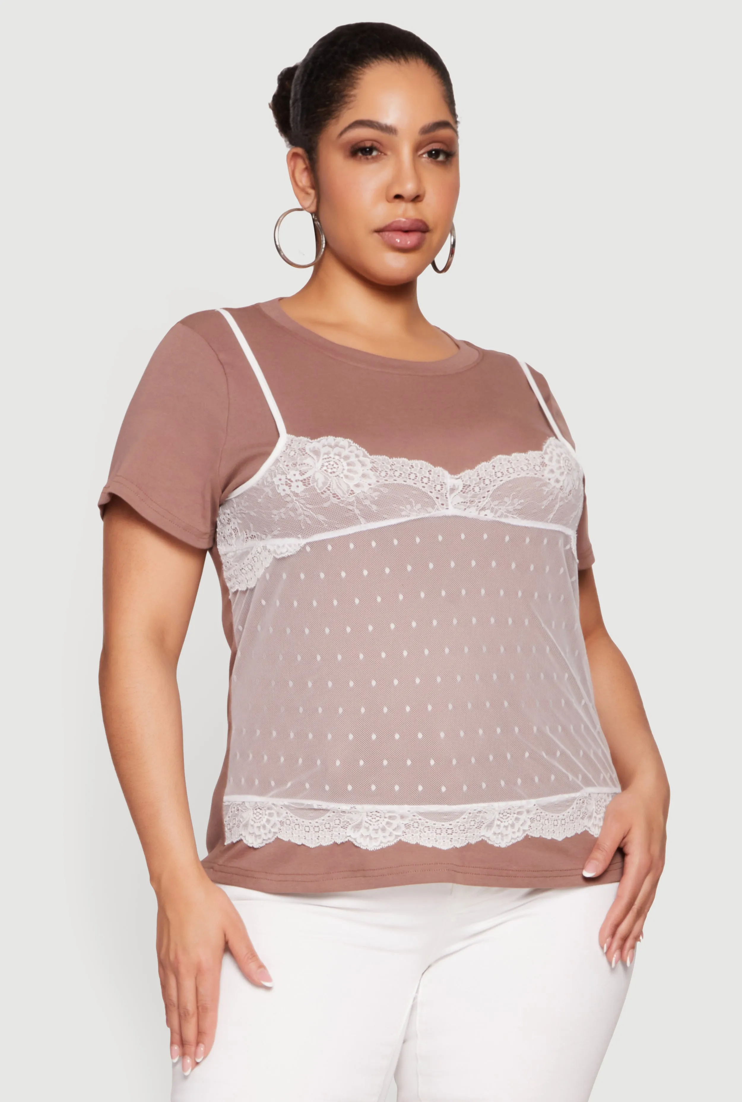 Plus Size Short Sleeve T-Shirt with Lace Cami Overlay sold by Rainbow product image thumbnail 2