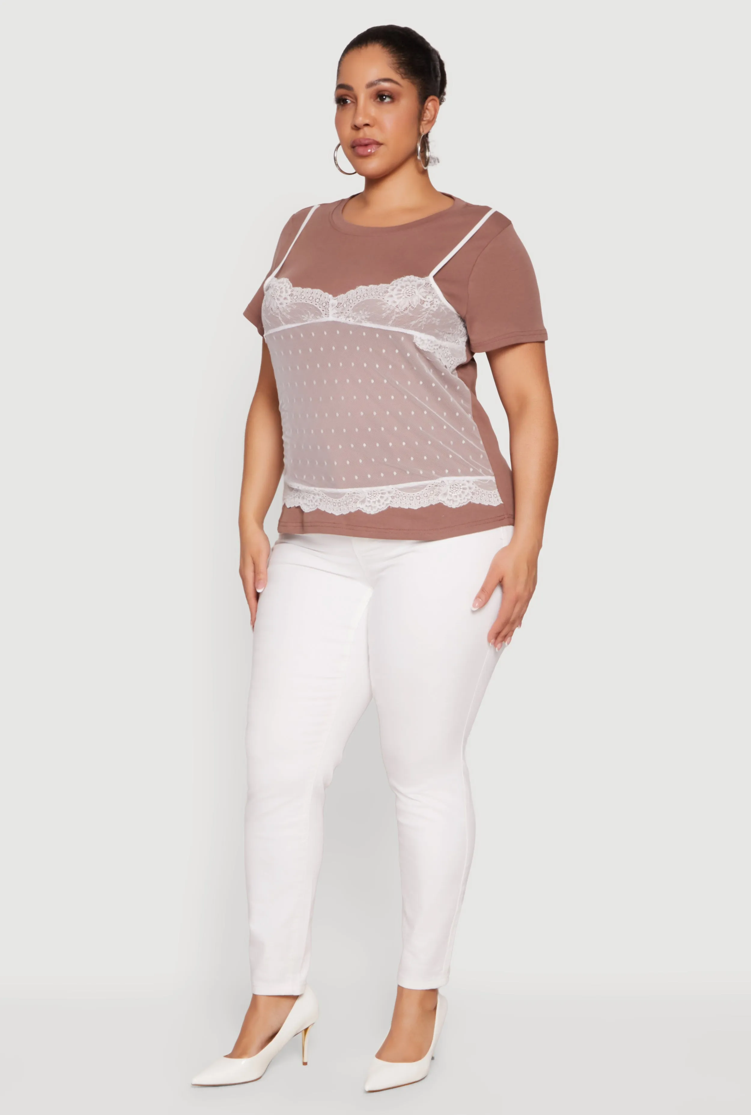 Plus Size Short Sleeve T-Shirt with Lace Cami Overlay sold by Rainbow product image thumbnail 3