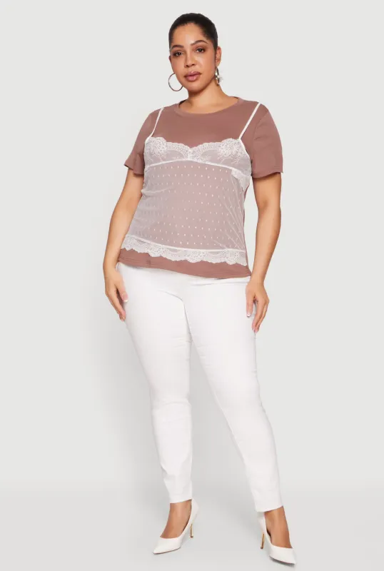 Plus Size Short Sleeve T-Shirt with Lace Cami Overlay made by Rainbow