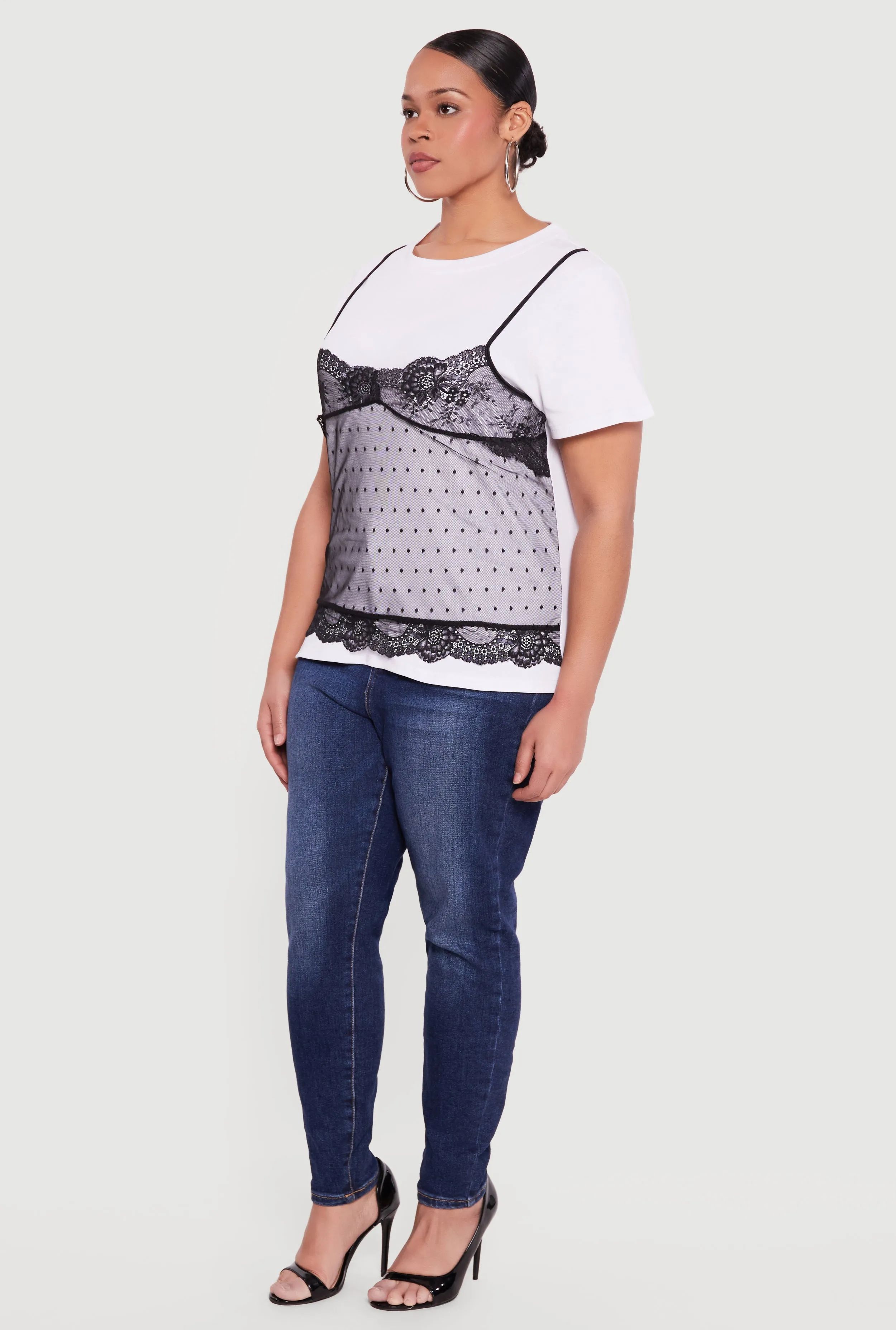 Plus Size Short Sleeve T-Shirt with Lace Cami Overlay sold by Rainbow product image thumbnail 3