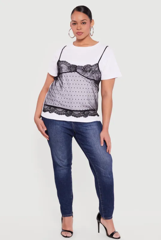 Plus Size Short Sleeve T-Shirt with Lace Cami Overlay made by Rainbow