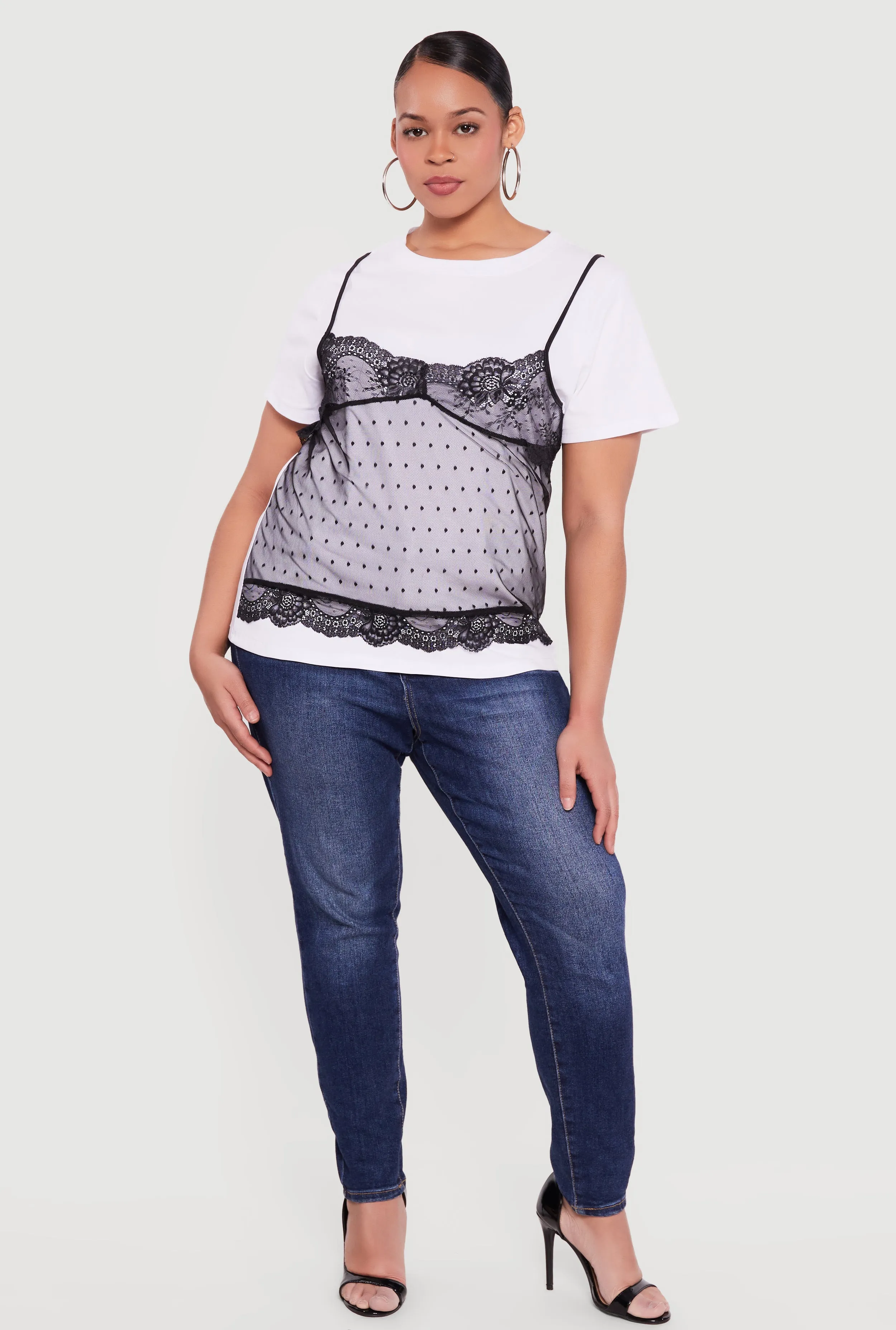 Plus Size Short Sleeve T-Shirt with Lace Cami Overlay sold by Rainbow