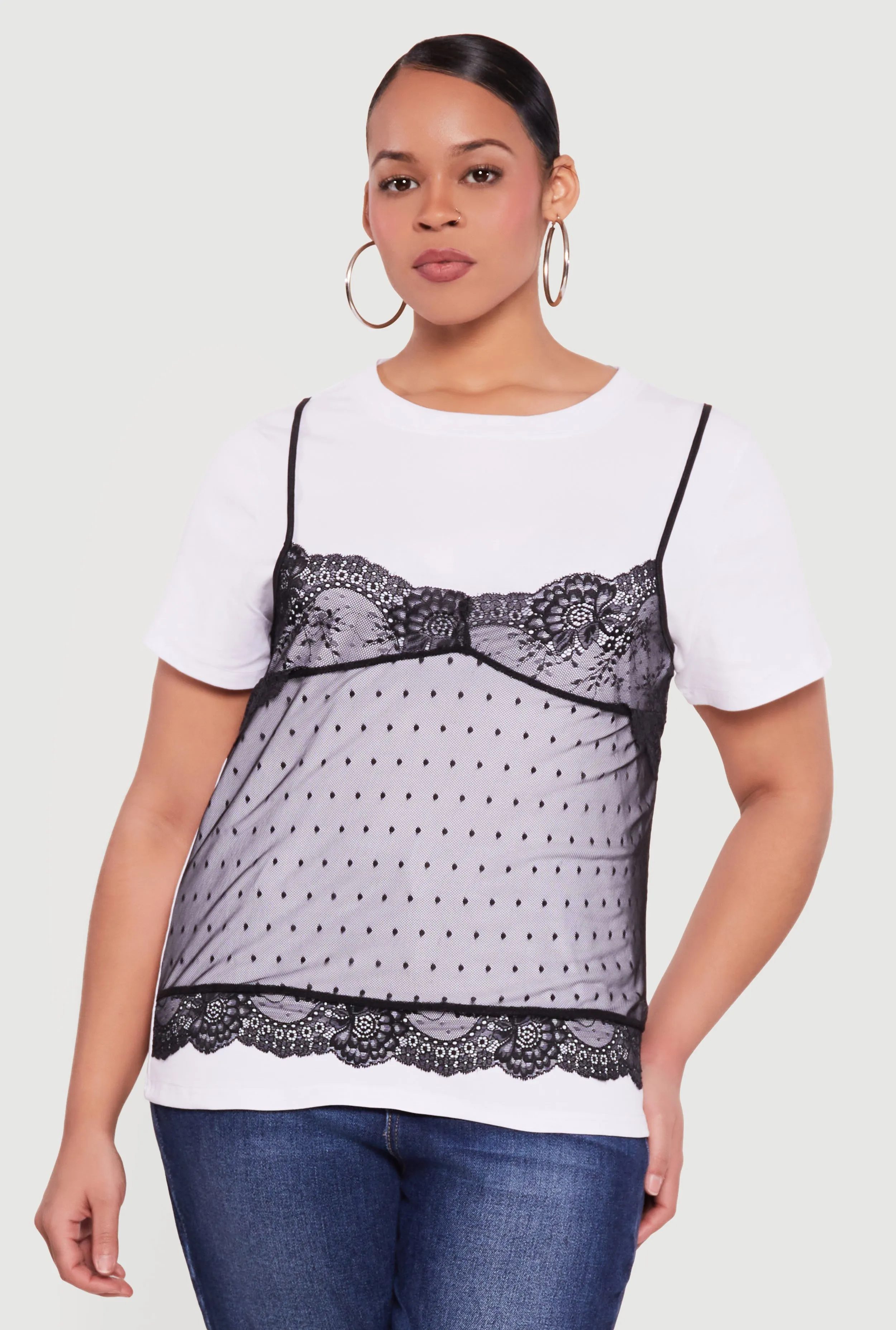 Plus Size Short Sleeve T-Shirt with Lace Cami Overlay sold by Rainbow product image thumbnail 2