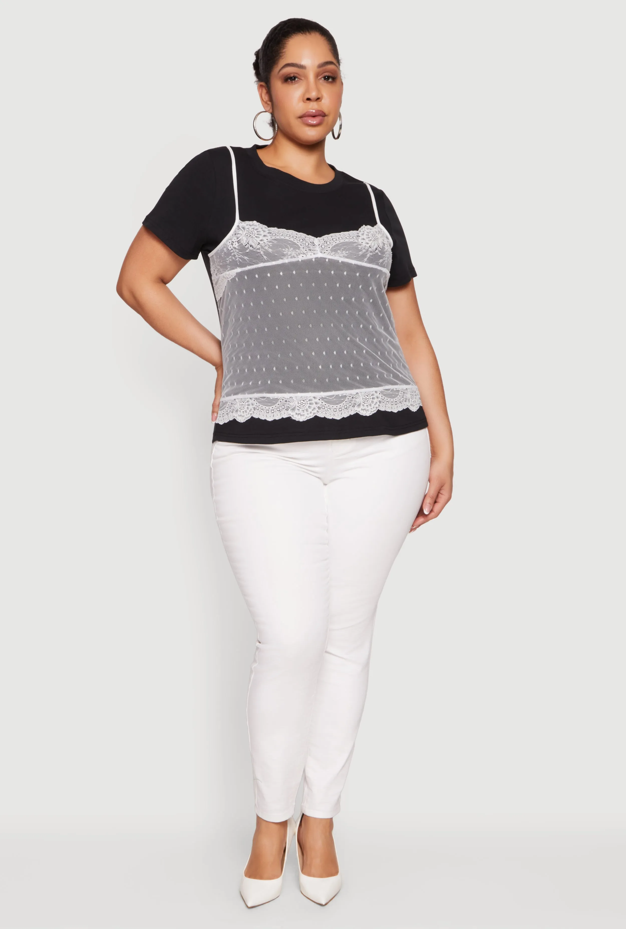 Plus Size Short Sleeve T-Shirt with Lace Cami Overlay sold by Rainbow
