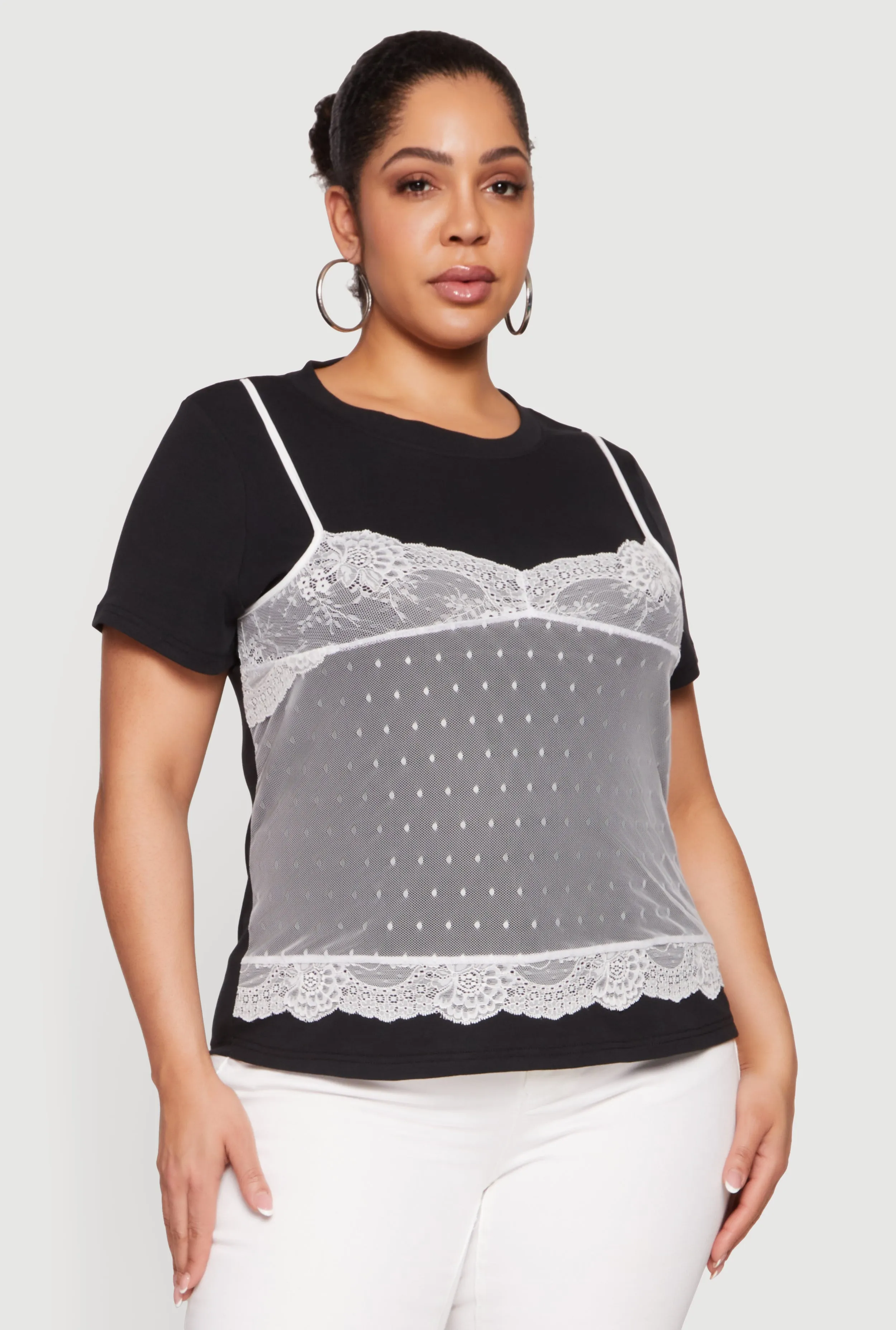 Plus Size Short Sleeve T-Shirt with Lace Cami Overlay sold by Rainbow product image thumbnail 2