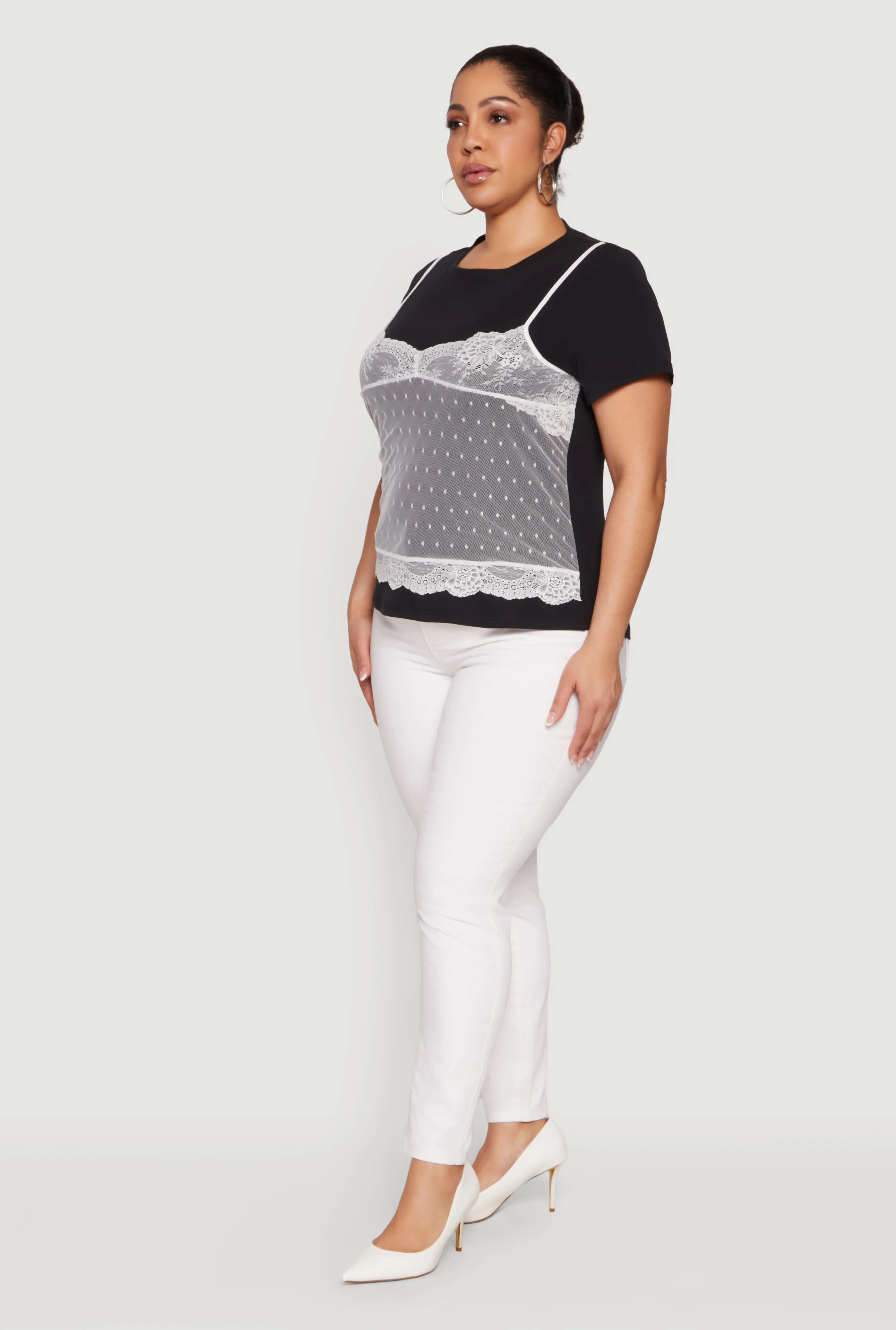 Plus Size Short Sleeve T-Shirt with Lace Cami Overlay sold by Rainbow product image thumbnail 3