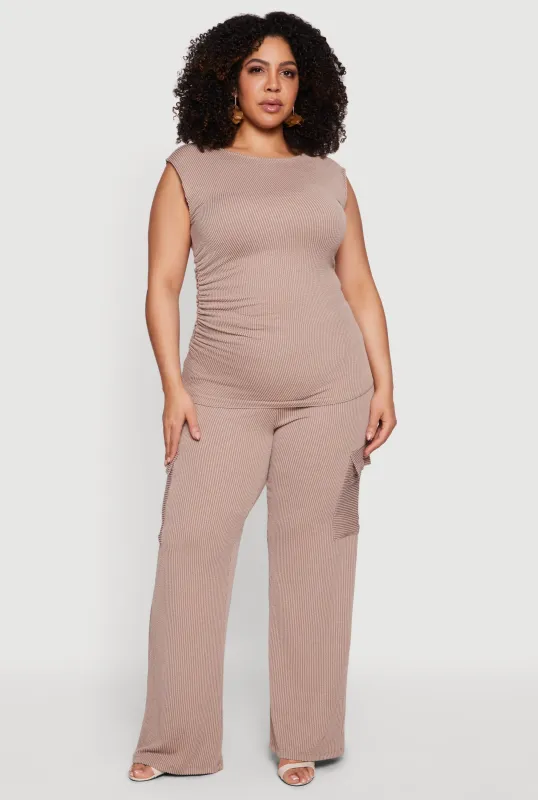 Plus Size High Waisted Rib Knit Cargo Pants made by Rainbow