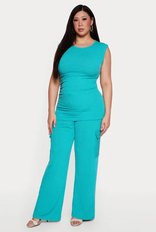 Plus Size High Waisted Rib Knit Cargo Pants made by Rainbow