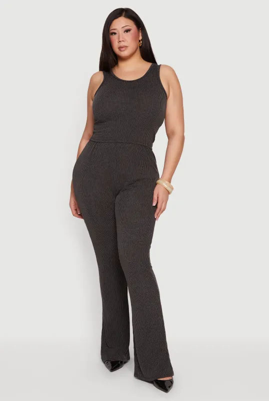 Plus Size Rib Knit High Waisted Pull On Flare Leg Pants made by Rainbow