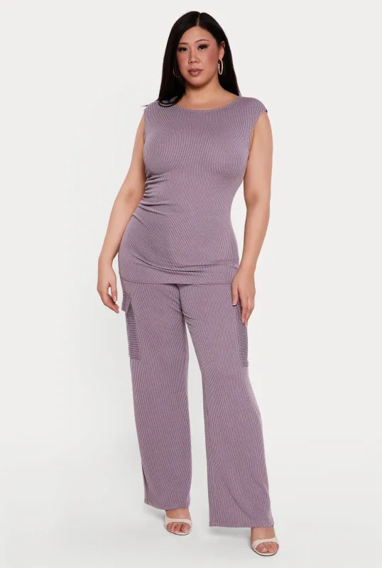 Plus Size High Waisted Rib Knit Cargo Pants made by Rainbow