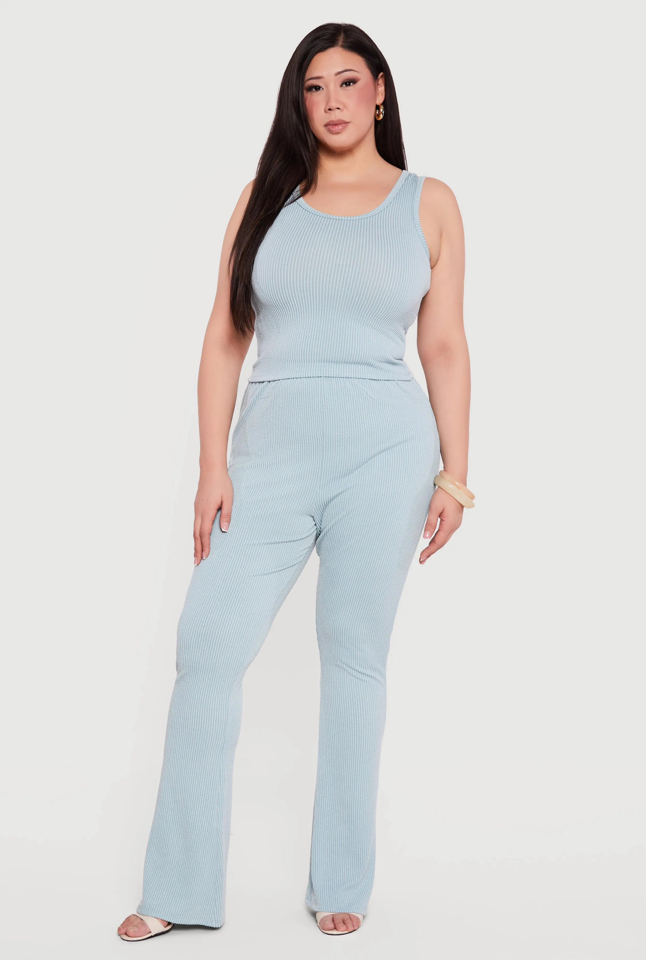 Plus Size Rib Knit High Waisted Pull On Flare Leg Pants sold by Rainbow