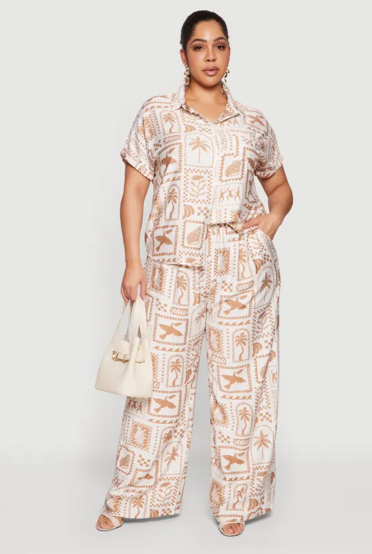 Plus Size Patterned Crepe Knit Pull On Wide Leg Pants made by Rainbow