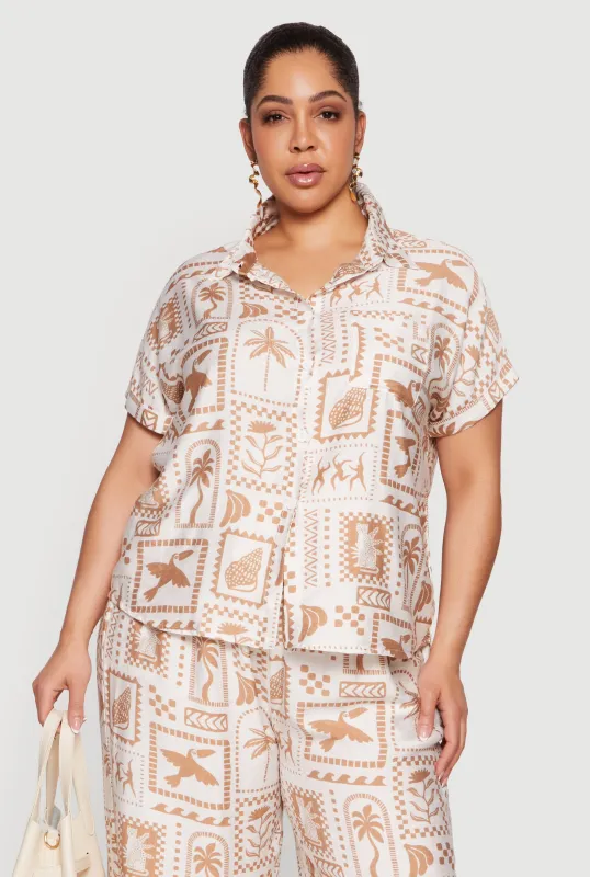 Plus Size Patterned Crepe Knit Button Front Shirt sold by Rainbow