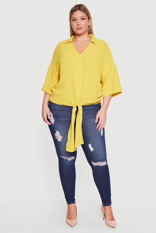 Plus Size V Neck Tie Front Blouse made by Rainbow