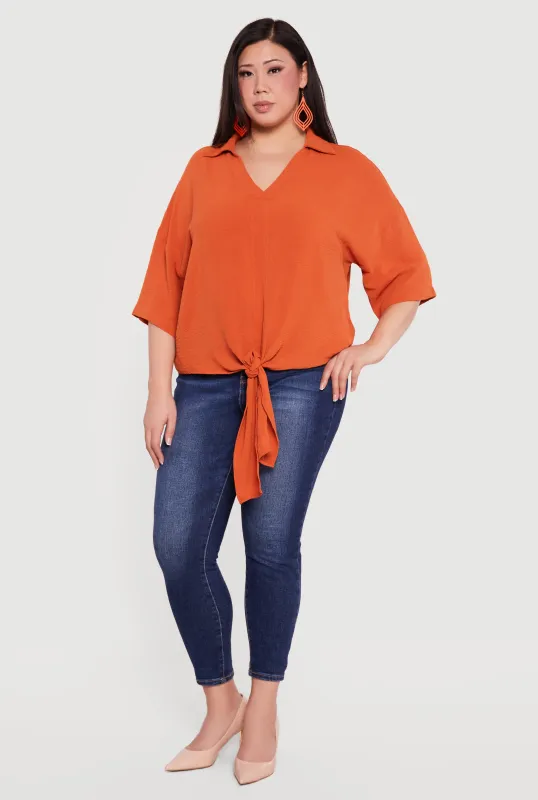 Plus Size V Neck Tie Front Blouse made by Rainbow