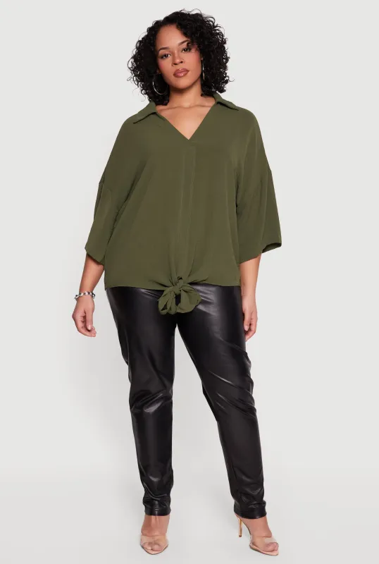 Plus Size V Neck Tie Front Blouse made by Rainbow