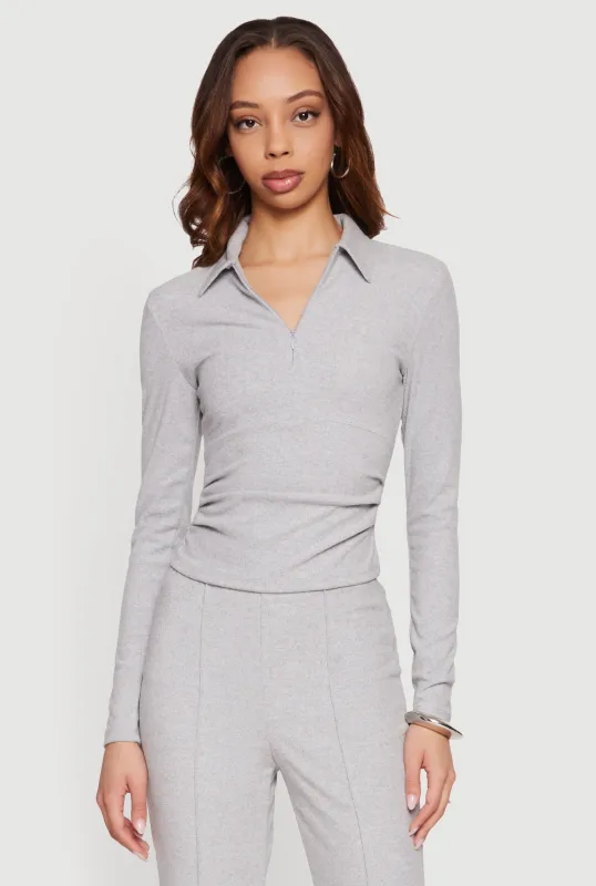 Brushed Knit Long Sleeve Zip Front Polo Shirt made by iris