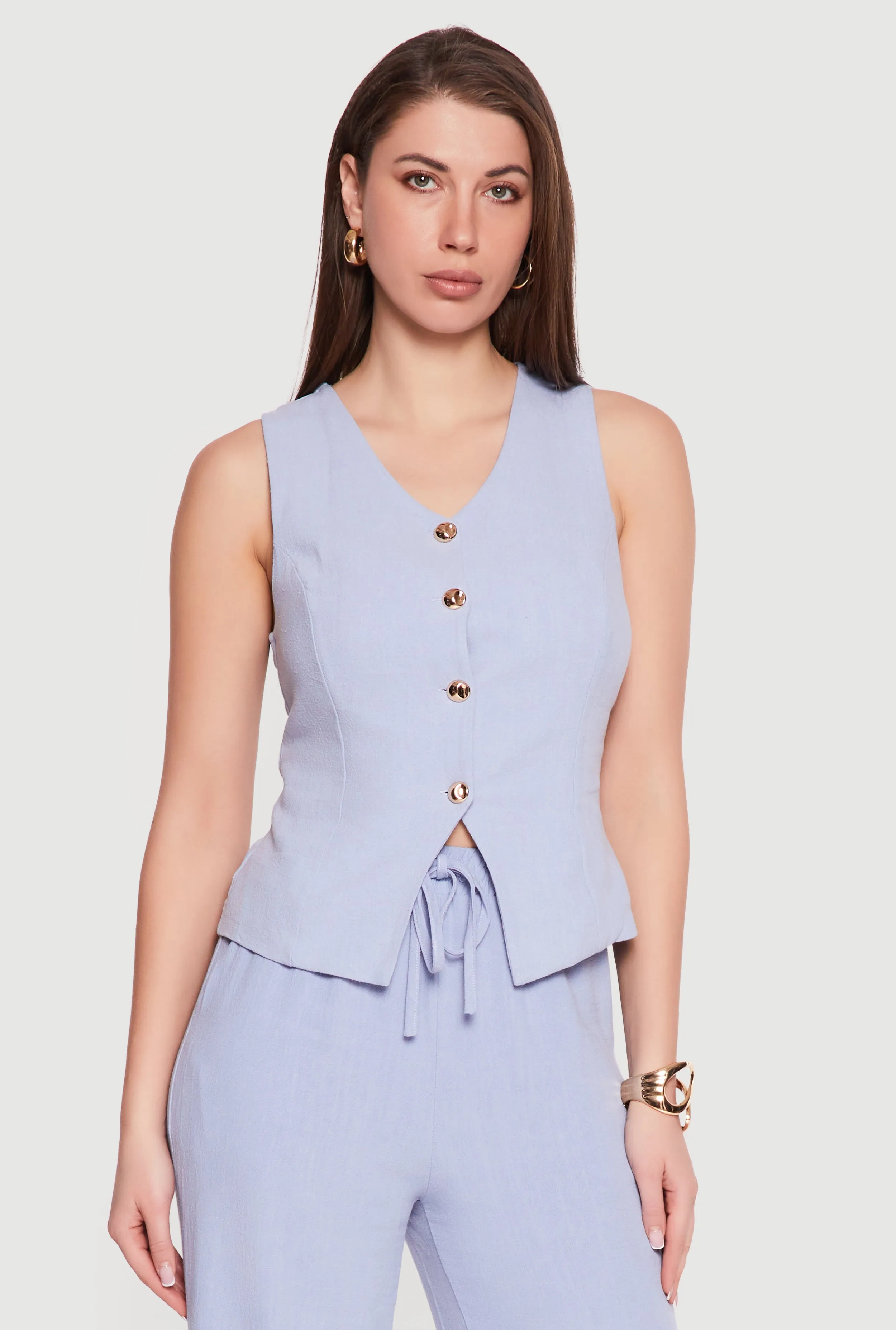 Linen V Neck Button Front Vest sold by Rainbow