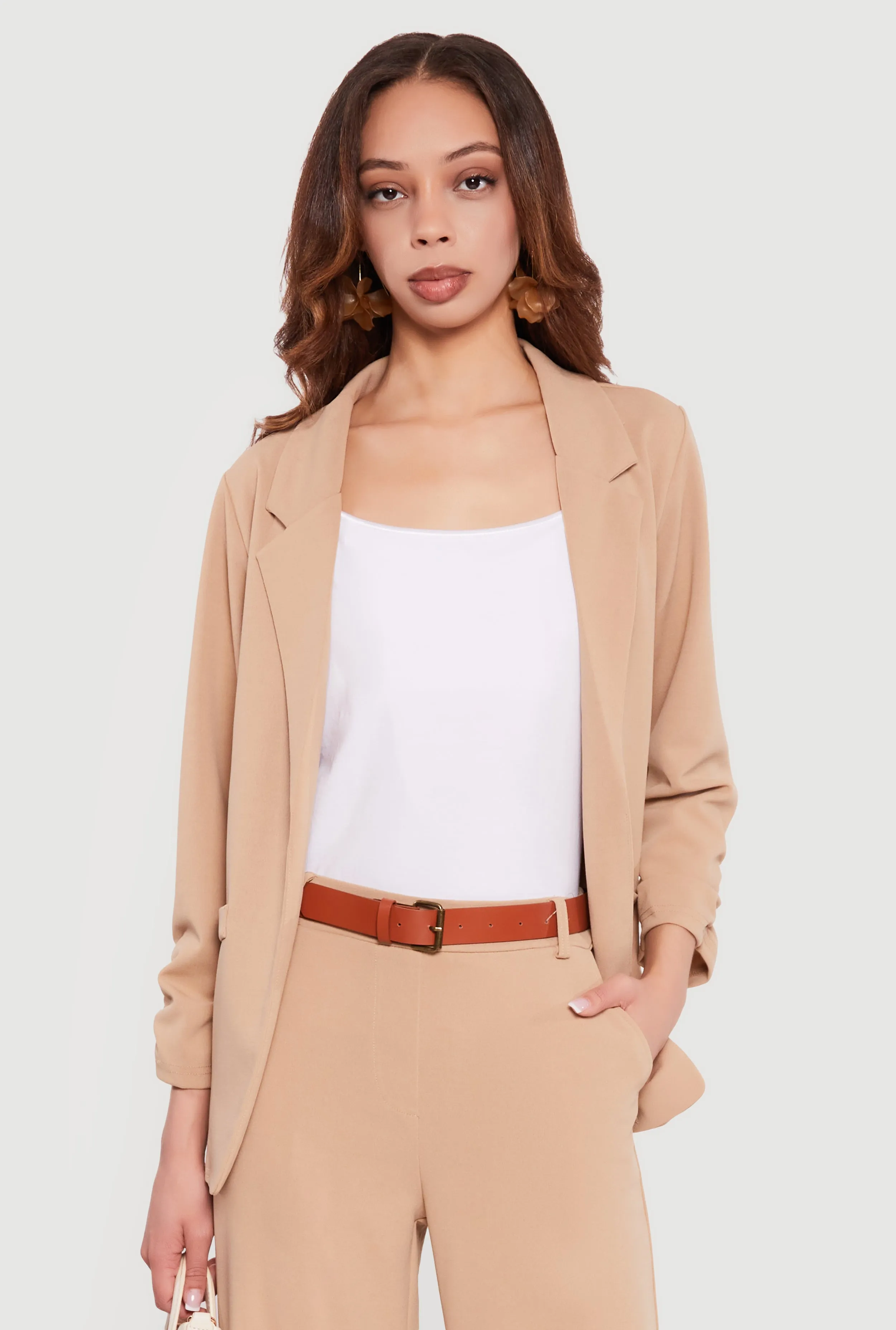 Crepe Knit Ruched Sleeve Open Front Blazer sold by Rainbow product image thumbnail 3