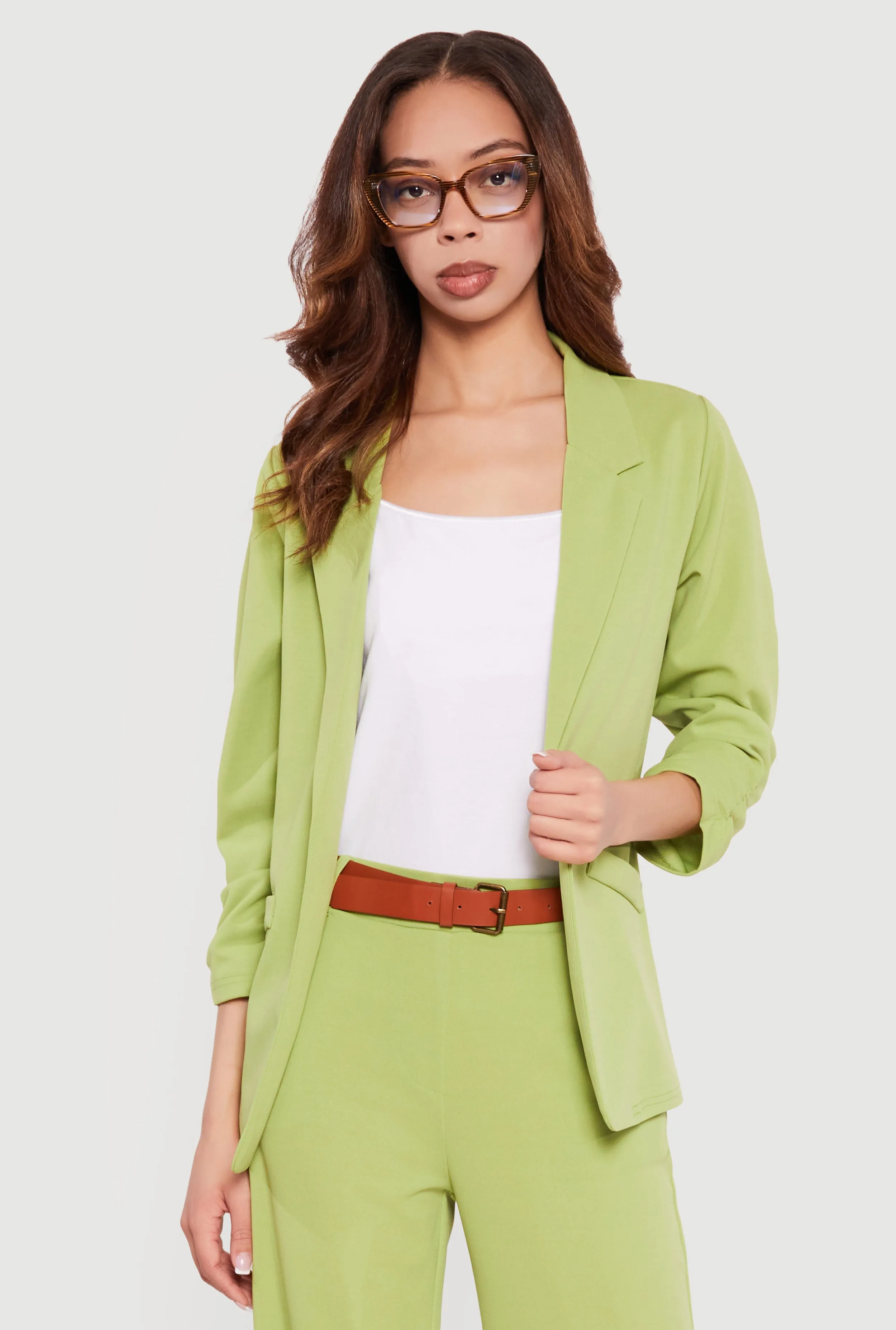 Crepe Knit Ruched Sleeve Open Front Blazer sold by Rainbow product image thumbnail 2