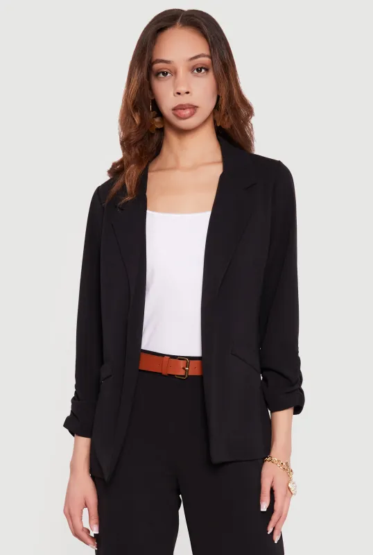 Crepe Knit Ruched Sleeve Open Front Blazer made by Rainbow