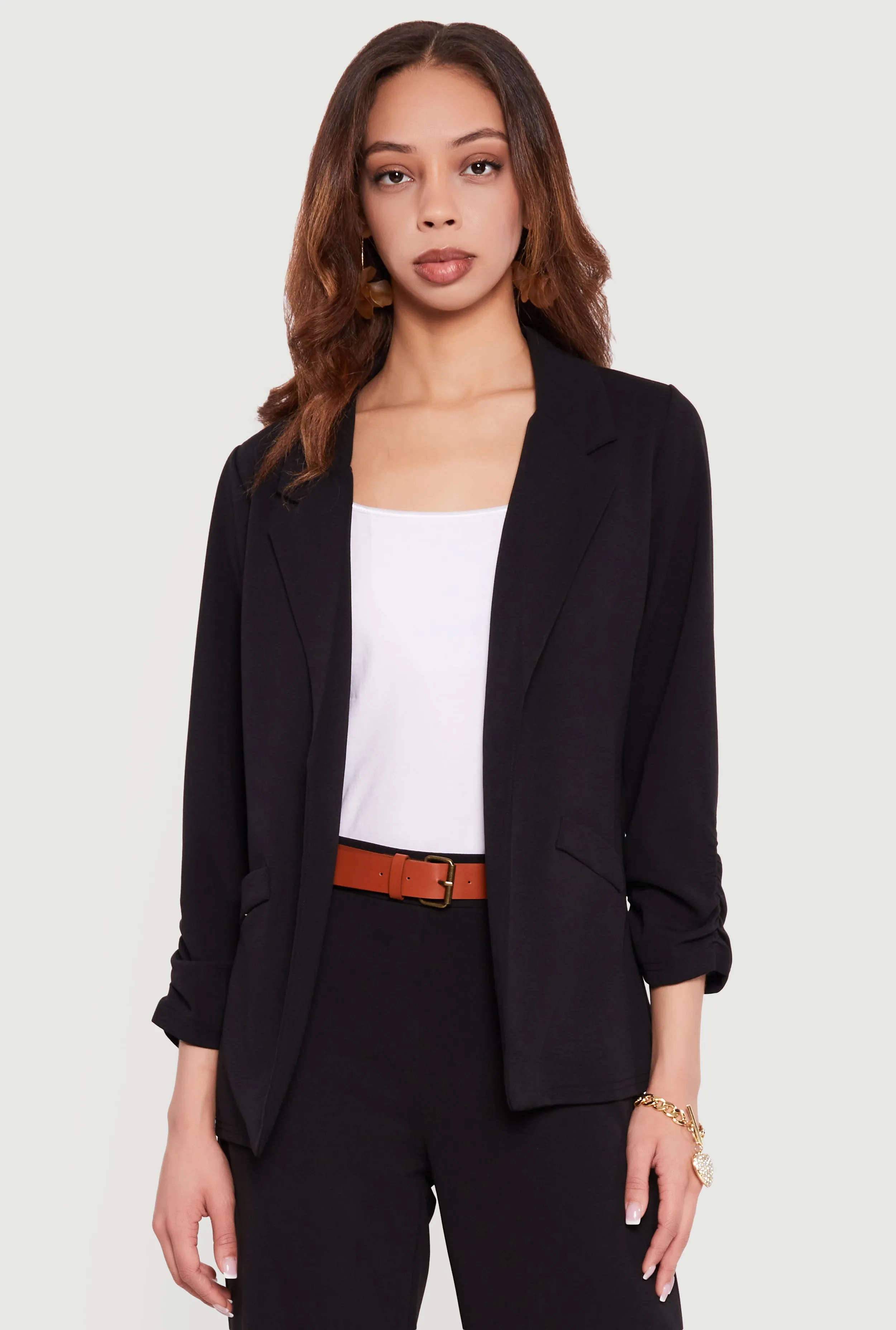 Crepe Knit Ruched Sleeve Open Front Blazer sold by Rainbow