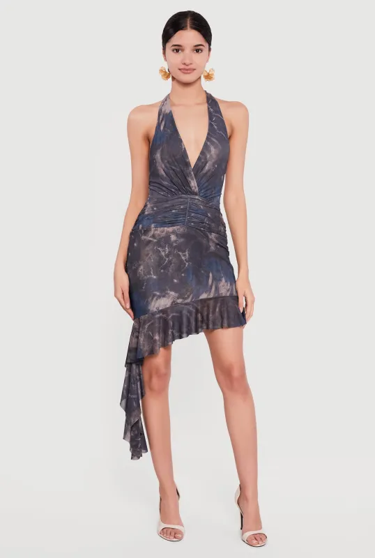 Asymmetrical Ruffle Trim Ruched Mesh Halter Dress made by Rainbow