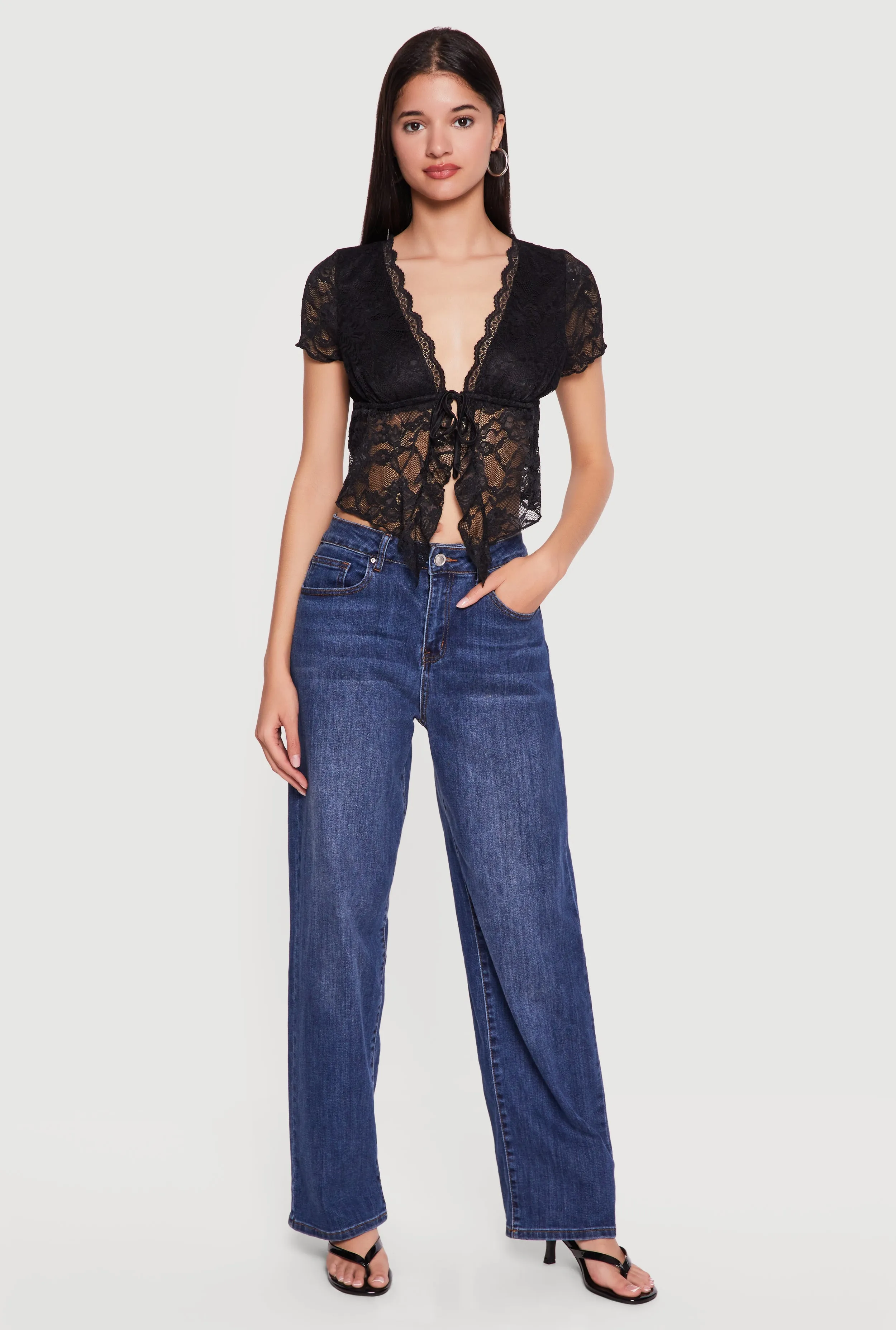 Lace Tie Front Plunge Crop Top sold by Rainbow