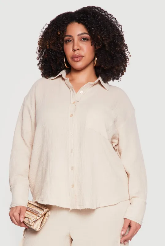 Plus Size Gauze Knit Button Front Shirt made by Rainbow