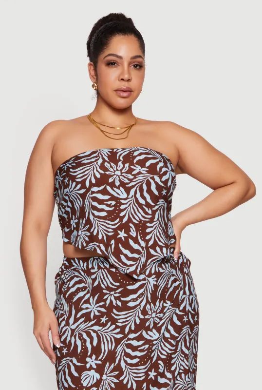 Plus Size Palm Leaf Tropical Print Hanky Hem Tube Top made by Rainbow