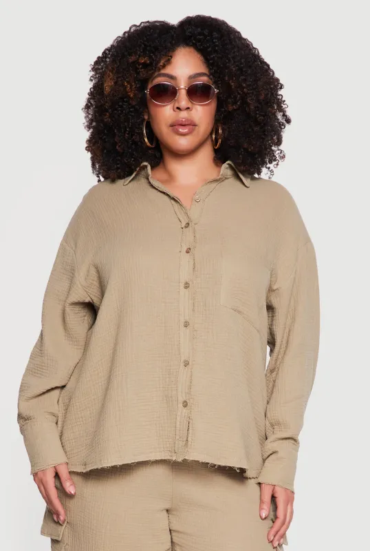 Plus Size Gauze Knit Button Front Shirt made by Rainbow