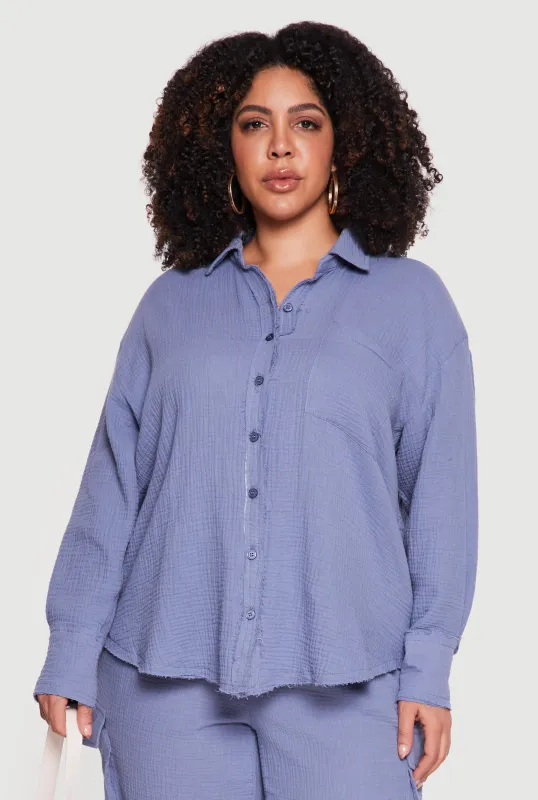 Plus Size Gauze Knit Button Front Shirt made by Rainbow