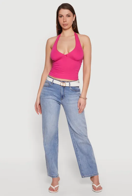 Lace Trim Bow Detail Tie Neck Halter Top made by Ambiance