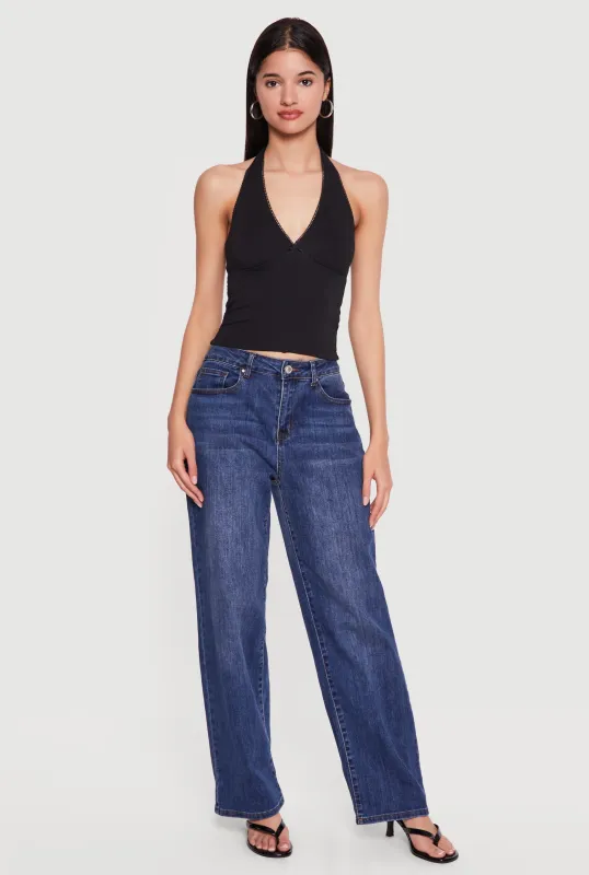 Lace Trim Bow Detail Tie Neck Halter Top made by Ambiance