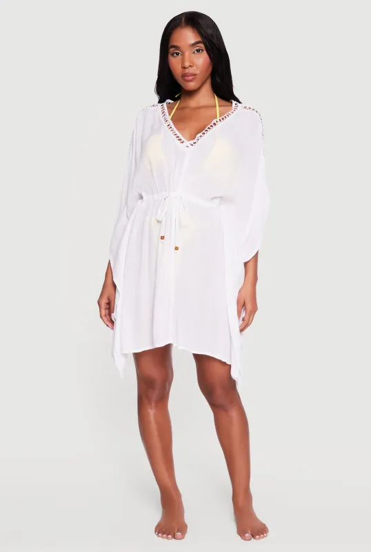 Crochet Detail Drawstring Waist Cover Up Kimono made by Rainbow