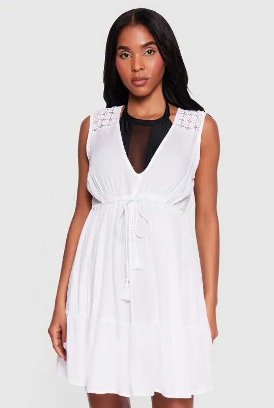 Crochet Detail Drawstring Tie Front Cover Up Dress made by Rainbow