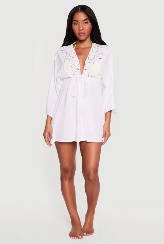 Circle Eyelet Drawstring Tie Front Swim Cover Up made by Rainbow