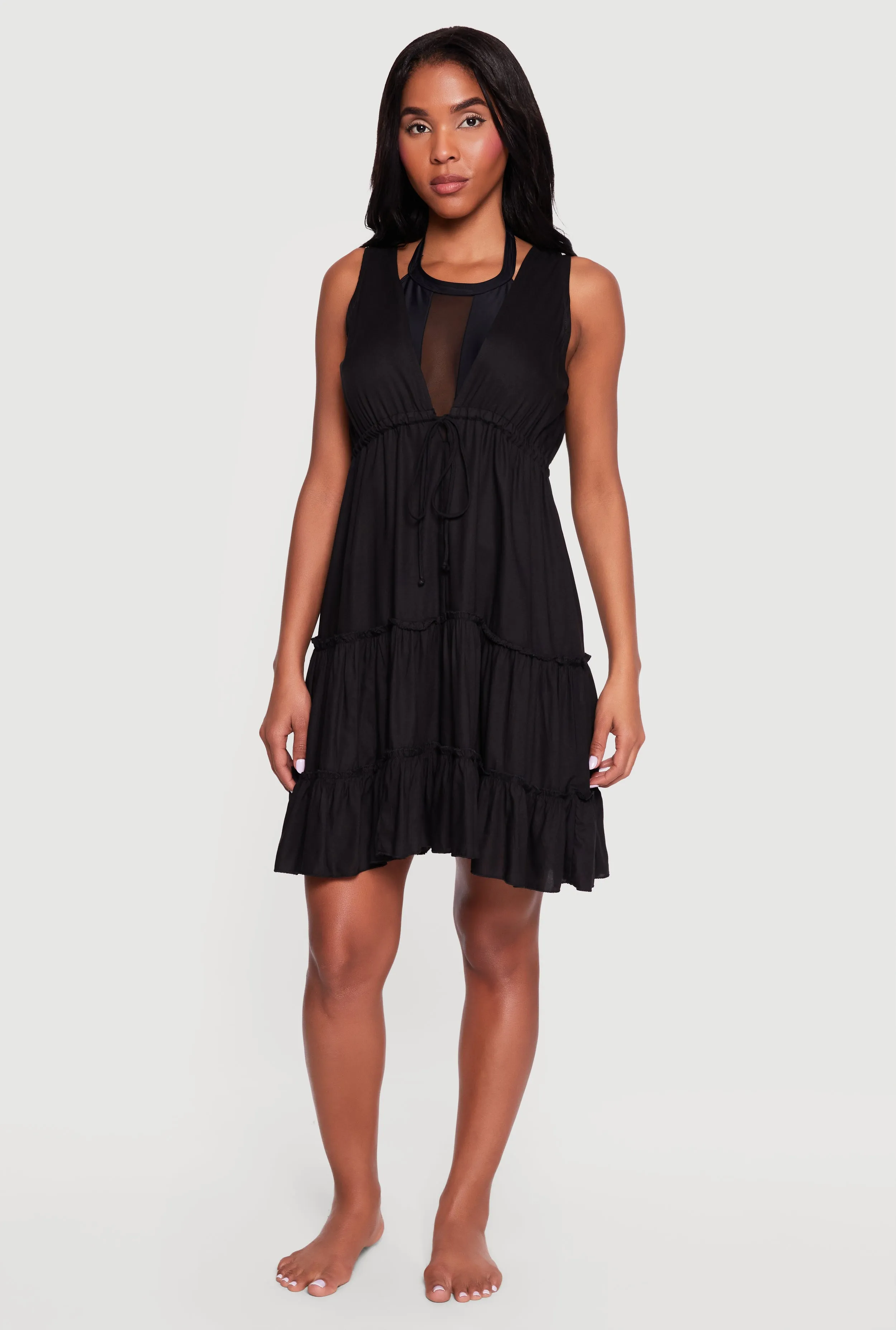 Drawstring Tie Front Ruffle Tiered Cover Up Dress sold by Rainbow product image thumbnail 2